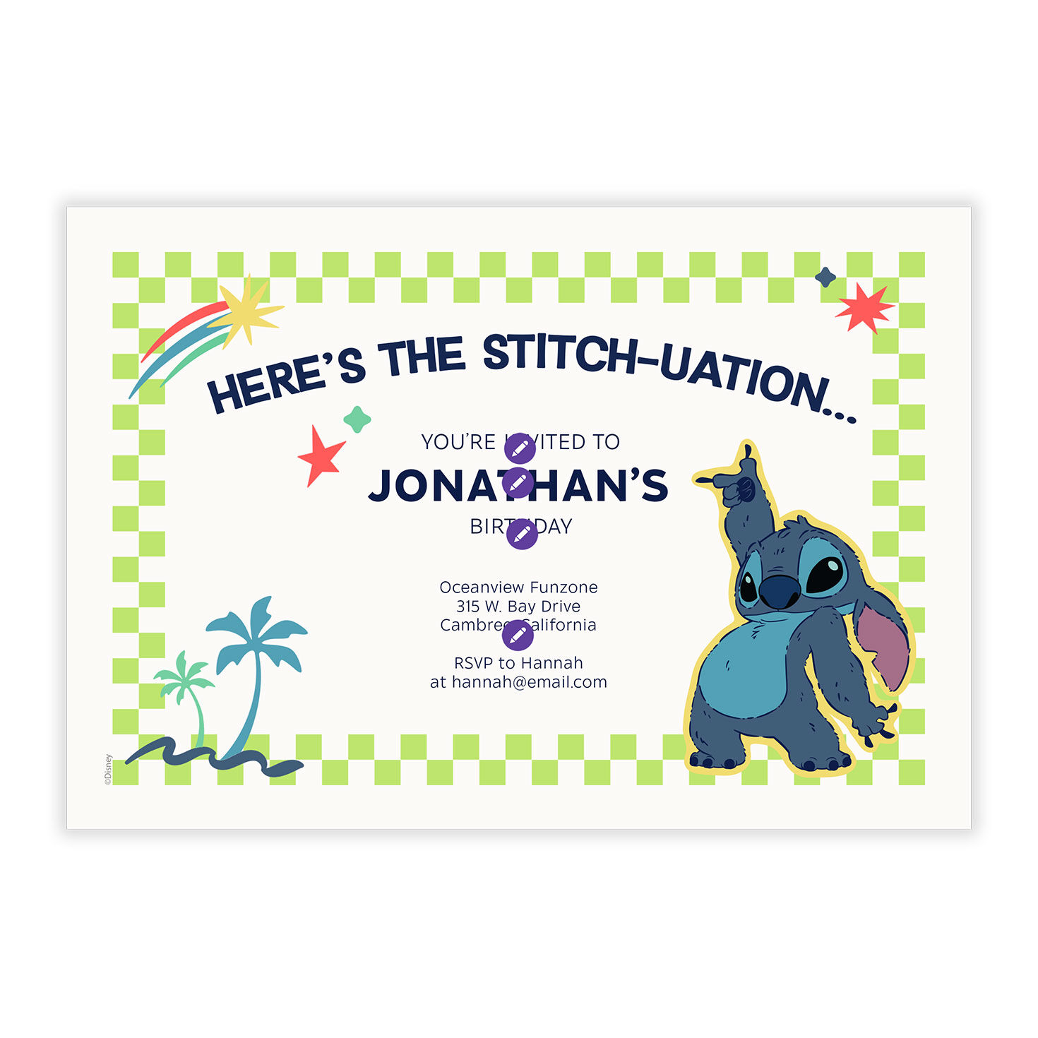 Stitch Green Checkered Border Personalized Party Invitation front image number 5
