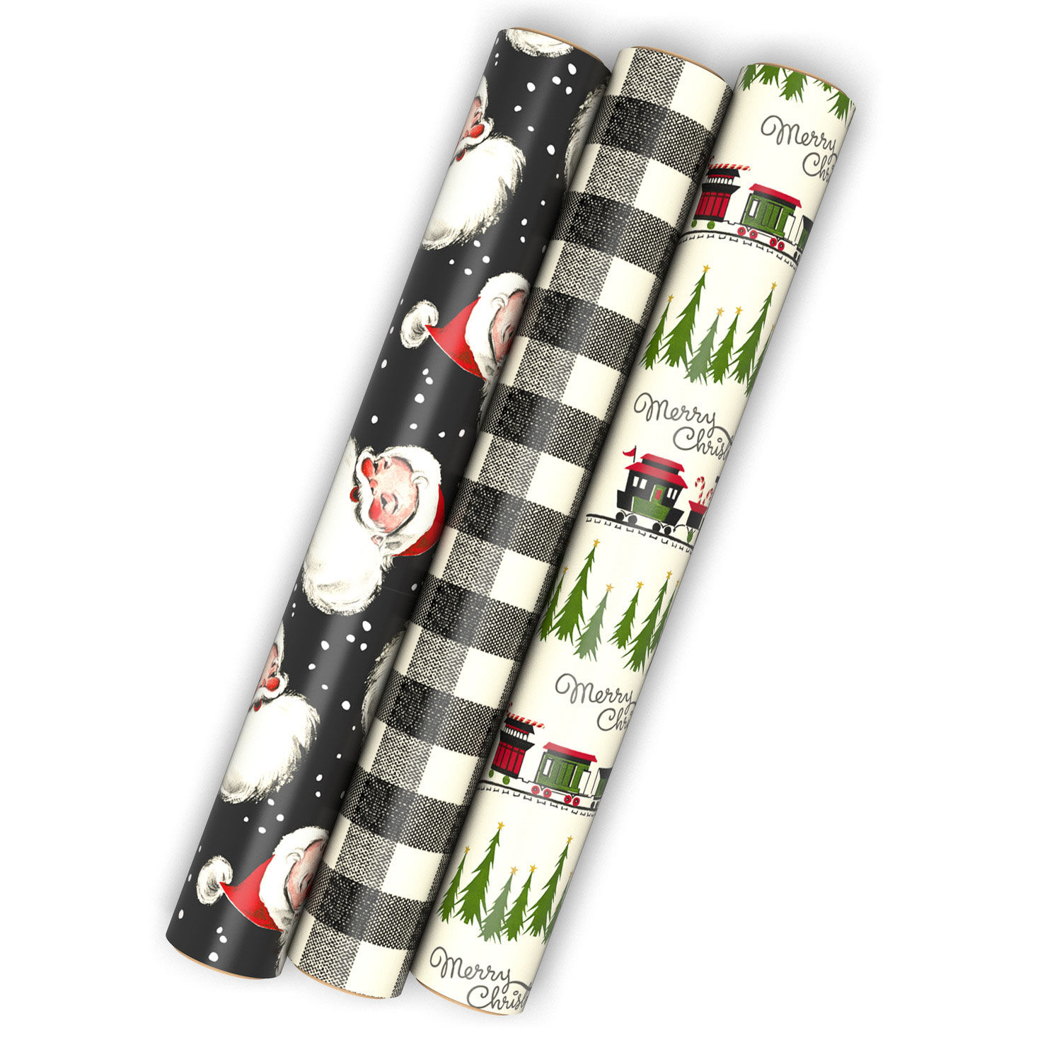 Retro Santa on Black 3-Pack Assorted Christmas Wrapping Paper Mini Roll Bundle, 75 sq. ft. total
