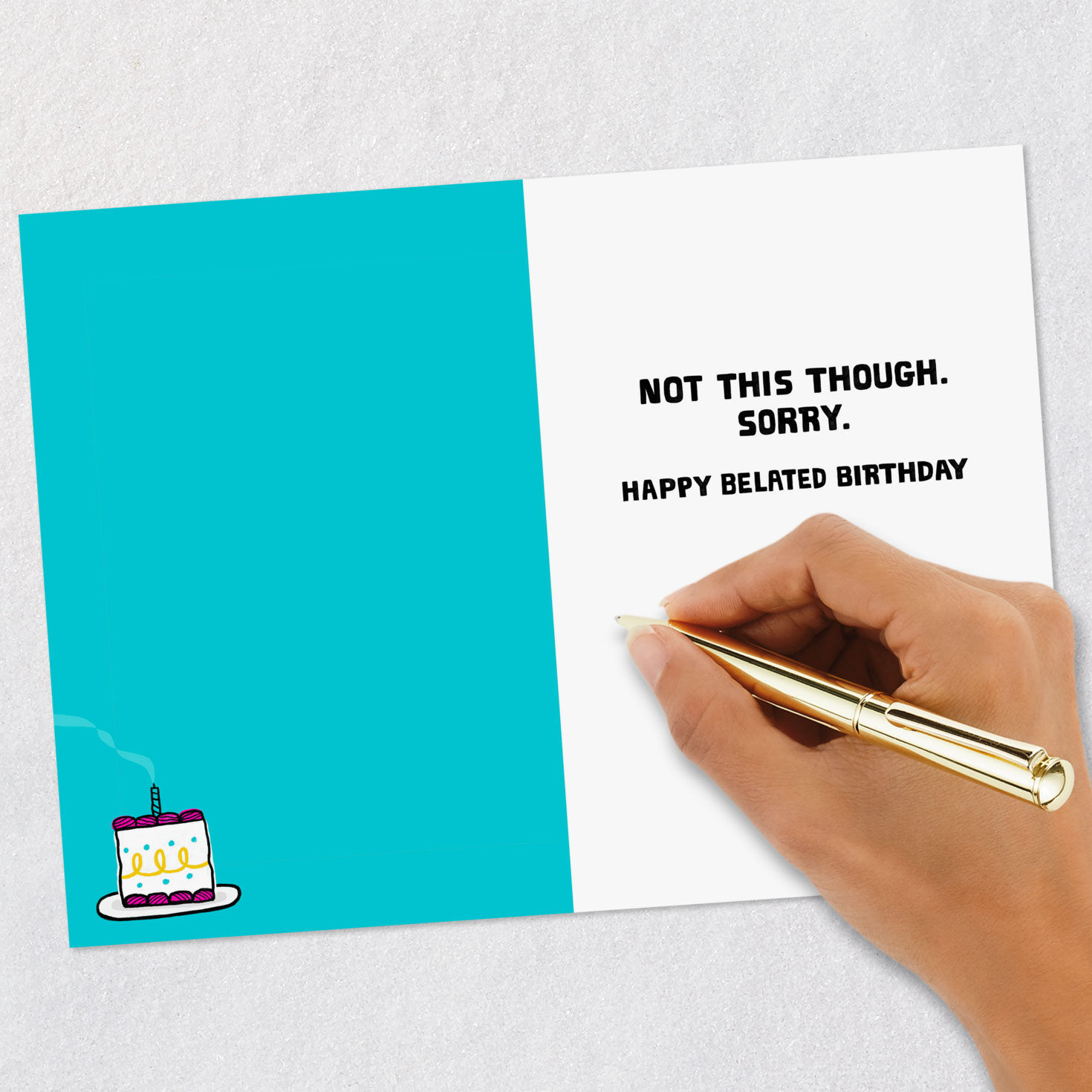 Simple Cake Funny Belated Birthday Card Signing card image number 6