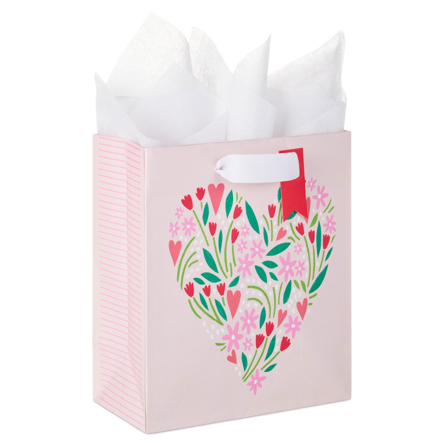 6.5" Heart-Shaped Flowers on Pink Small Valentine's Day Gift Bag With Tissue Paper