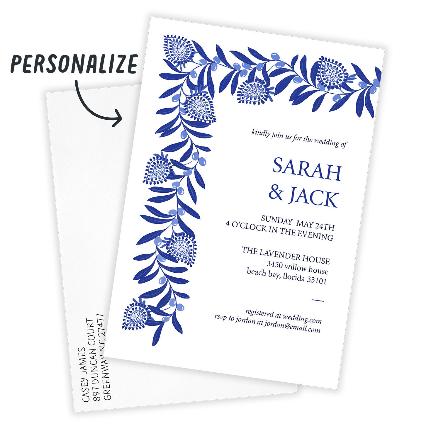 Blue Botanical Border Personalized Wedding Invitation Card front with Envelope indicating personalization image number 2