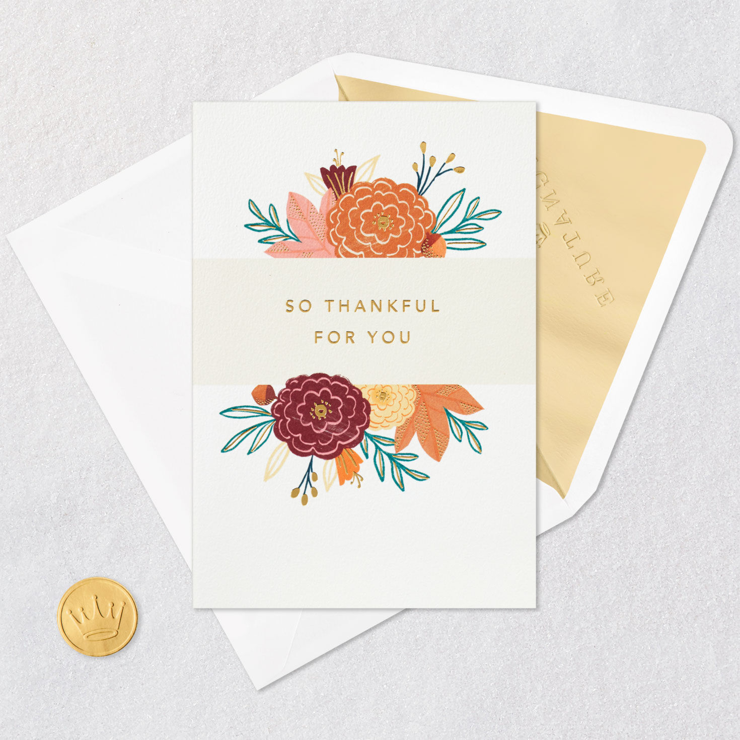 Orange and Maroon Floral Thank You Card Card Front with Envelope and Gold Seal image number 5