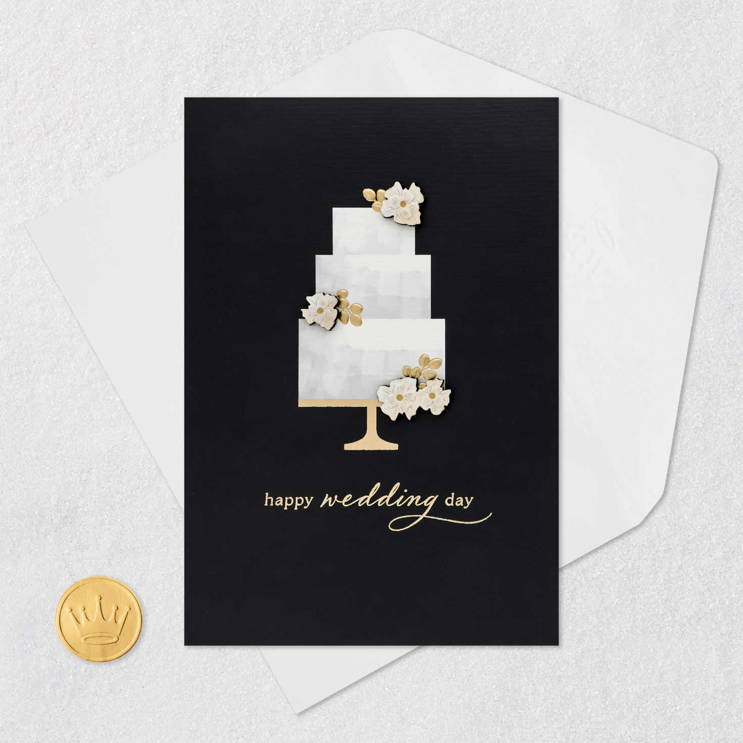 Gold and White Cake on Black Wedding Card Card Front with Envelope and Gold Seal image number 5