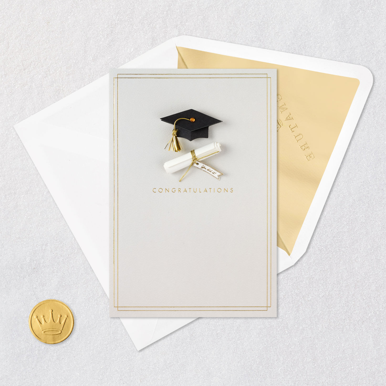 Gray Mortarboard Cap Graduation Card Card Front with Envelope and Gold Seal image number 5