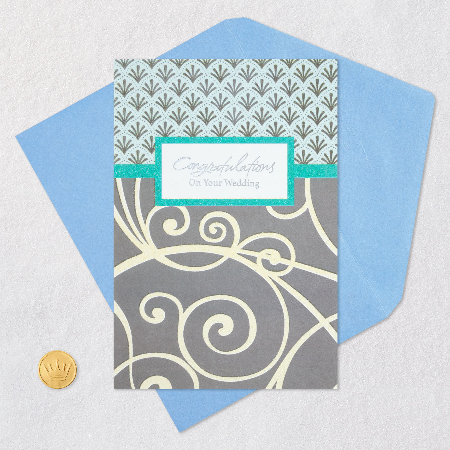 Blue and Silver 99-cent Wedding Congratulations Card Card Front with Envelope and Gold Seal image number 5