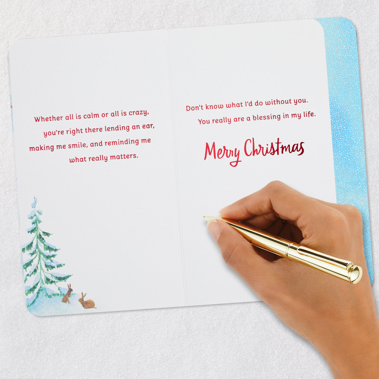 Watercolor Snowy Landscape with Bunnies Christmas Card Signing card image number 8