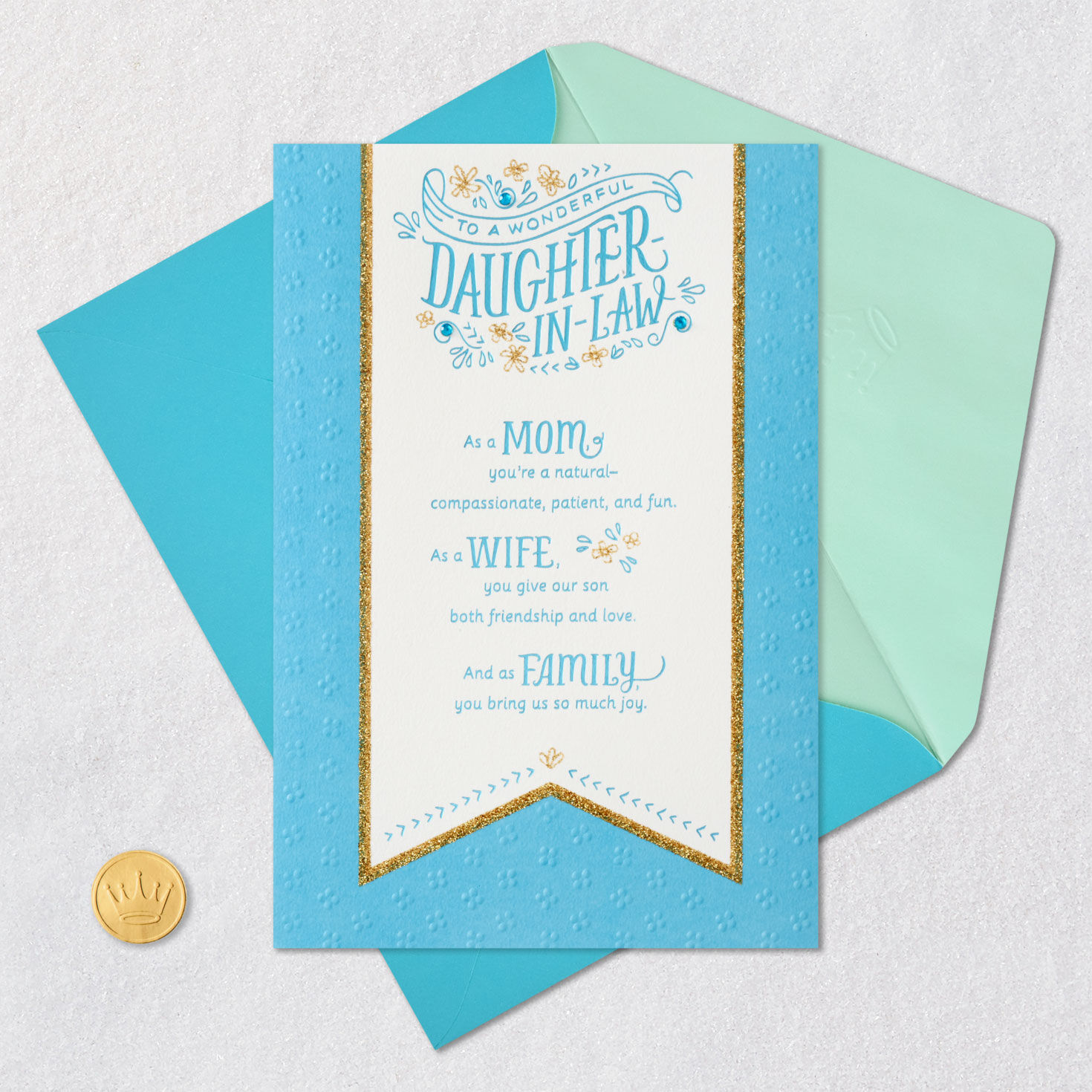 Blue and Gold Mother's Day Card for Daughter-in-Law Card Front with Envelope and Gold Seal image number 5
