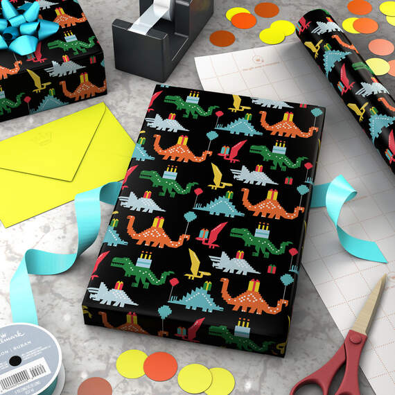 8-Bit Dinosaurs Birthday Wrapping Paper, 20 sq. ft., , large image number 2