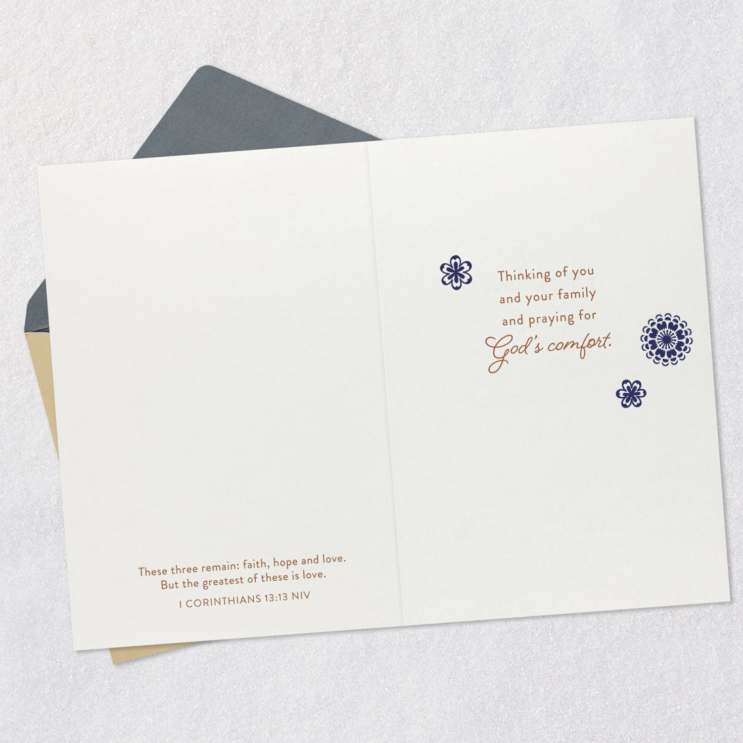 Blue and Copper Flowers Christian Sympathy Card Open card with envelope image number 4