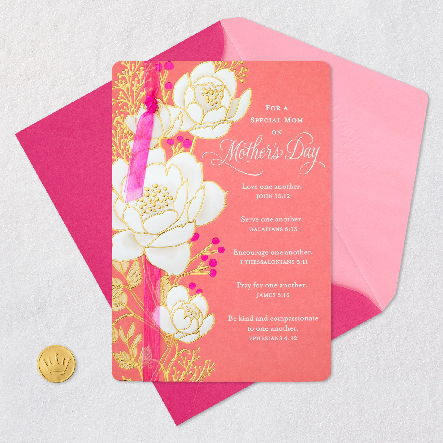 Flowers on Pink Religious Mother's Day Card Card Front with Envelope and Gold Seal image number 5