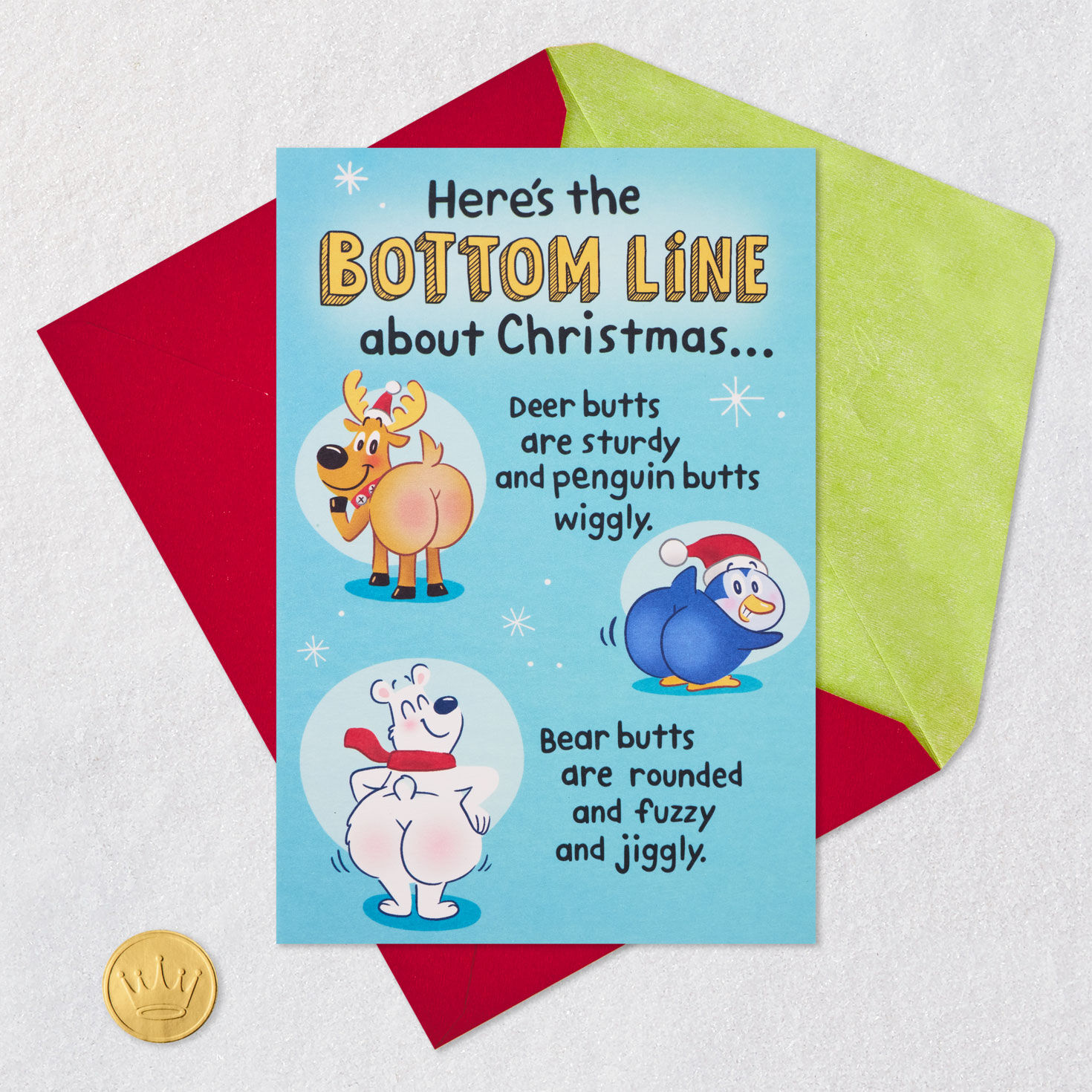 Cartoon Animal Butts Christmas Card Card Front with Envelope and Gold Seal image number 7