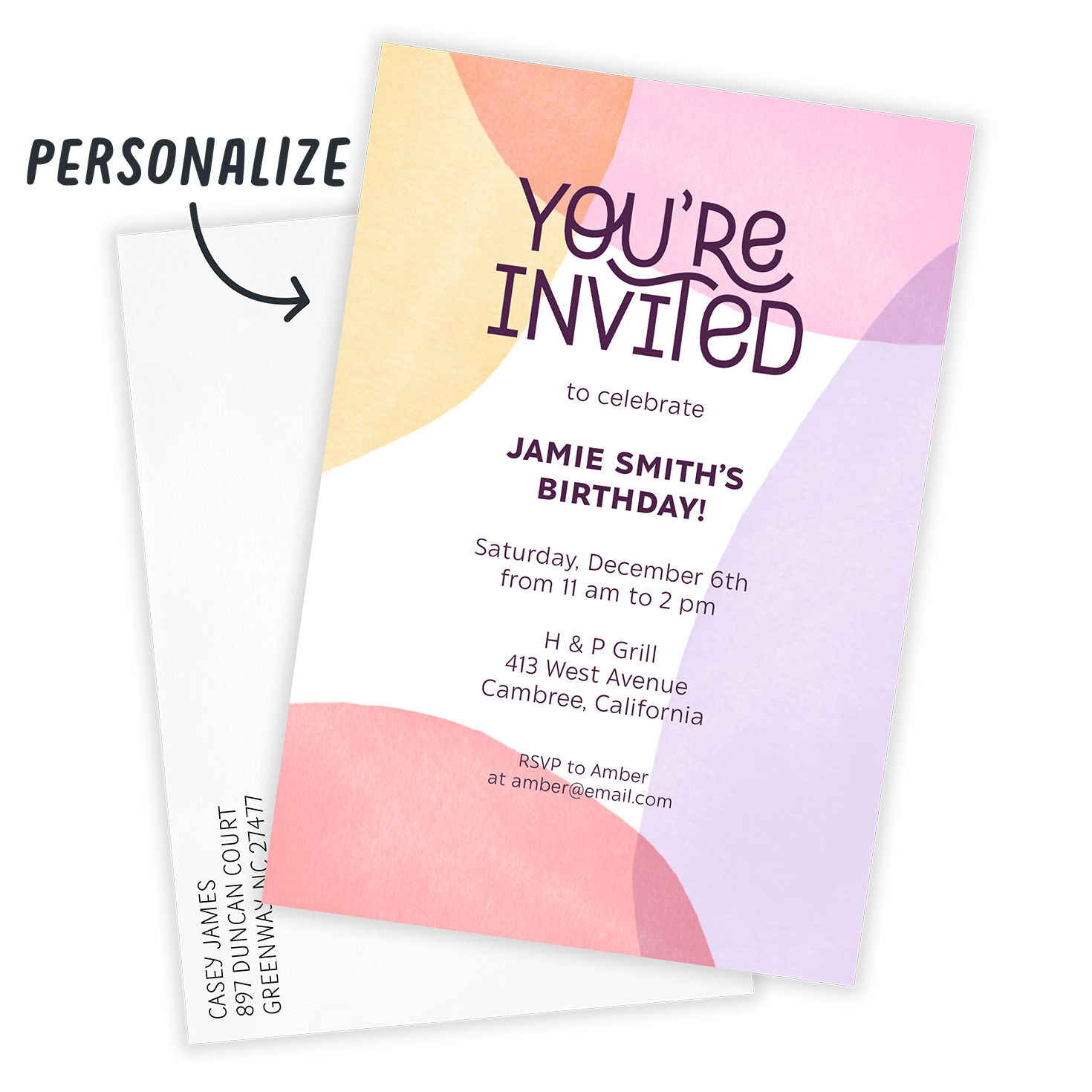 Pastel Colors Personalized Party Invitation Card with Envelope indicating personalization image number 2