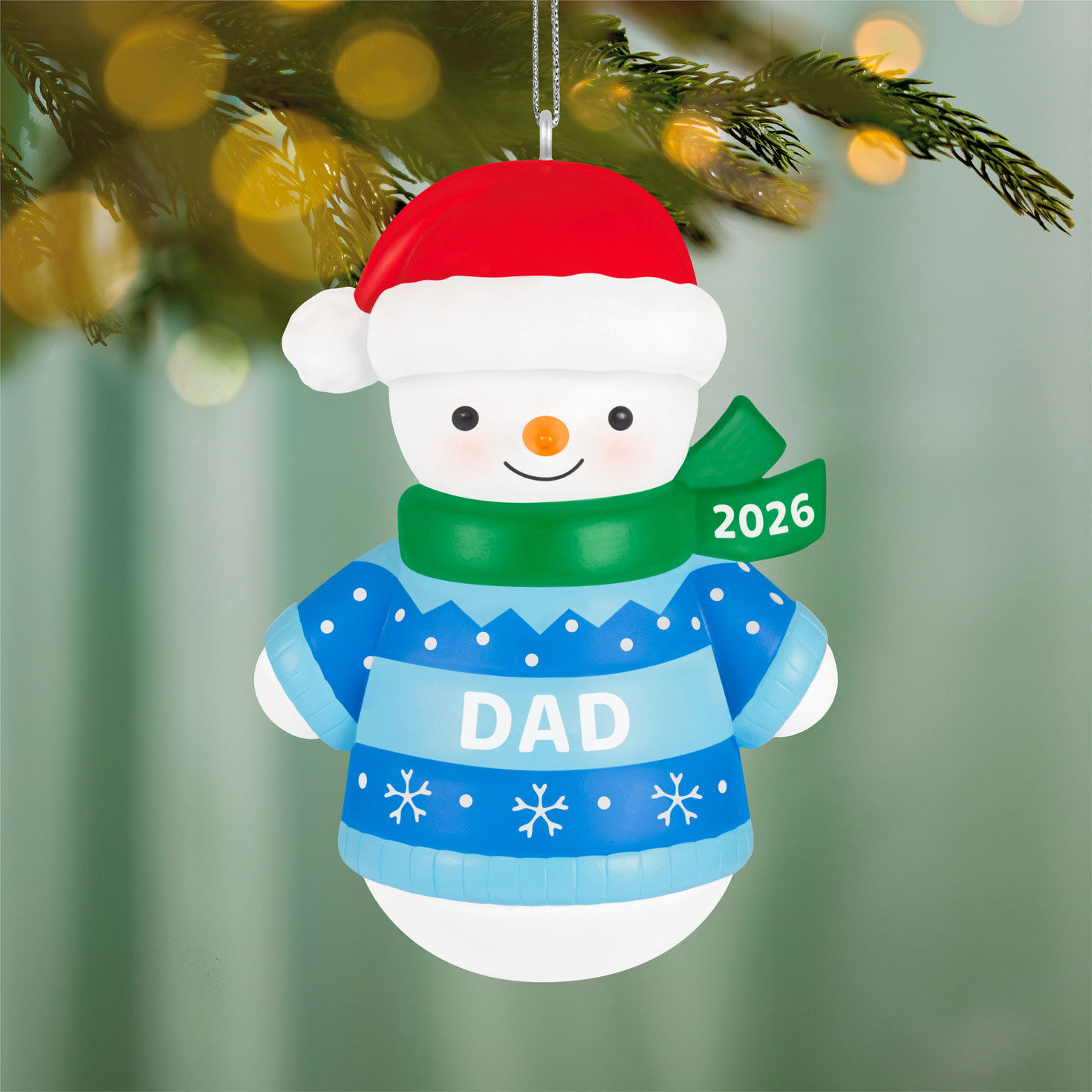 Blue Dad Snowman 2026 Keepsake Ornament hanging on tree image number 2
