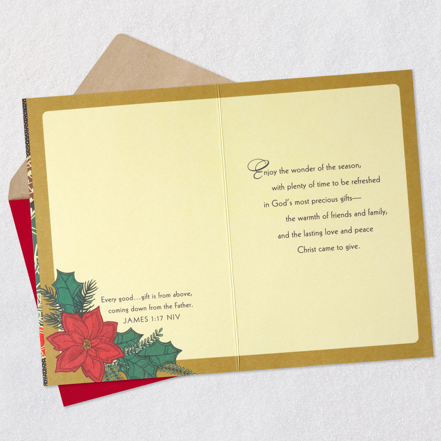 Poinsettia Holiday Wreath Religious Christmas Card Open card with envelope image number 4
