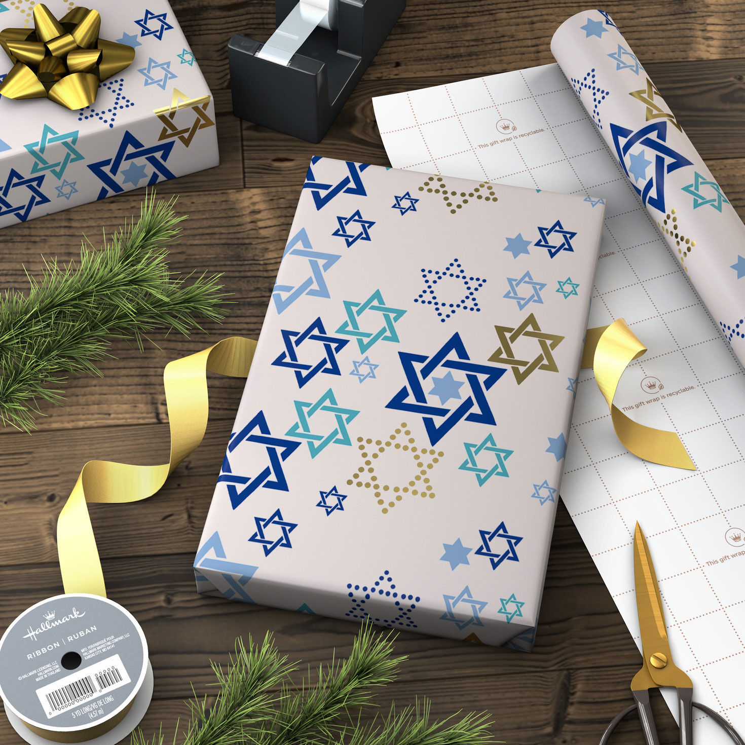 Blue and Gold Stars of David Hanukkah Wrapping Paper in use image number 3