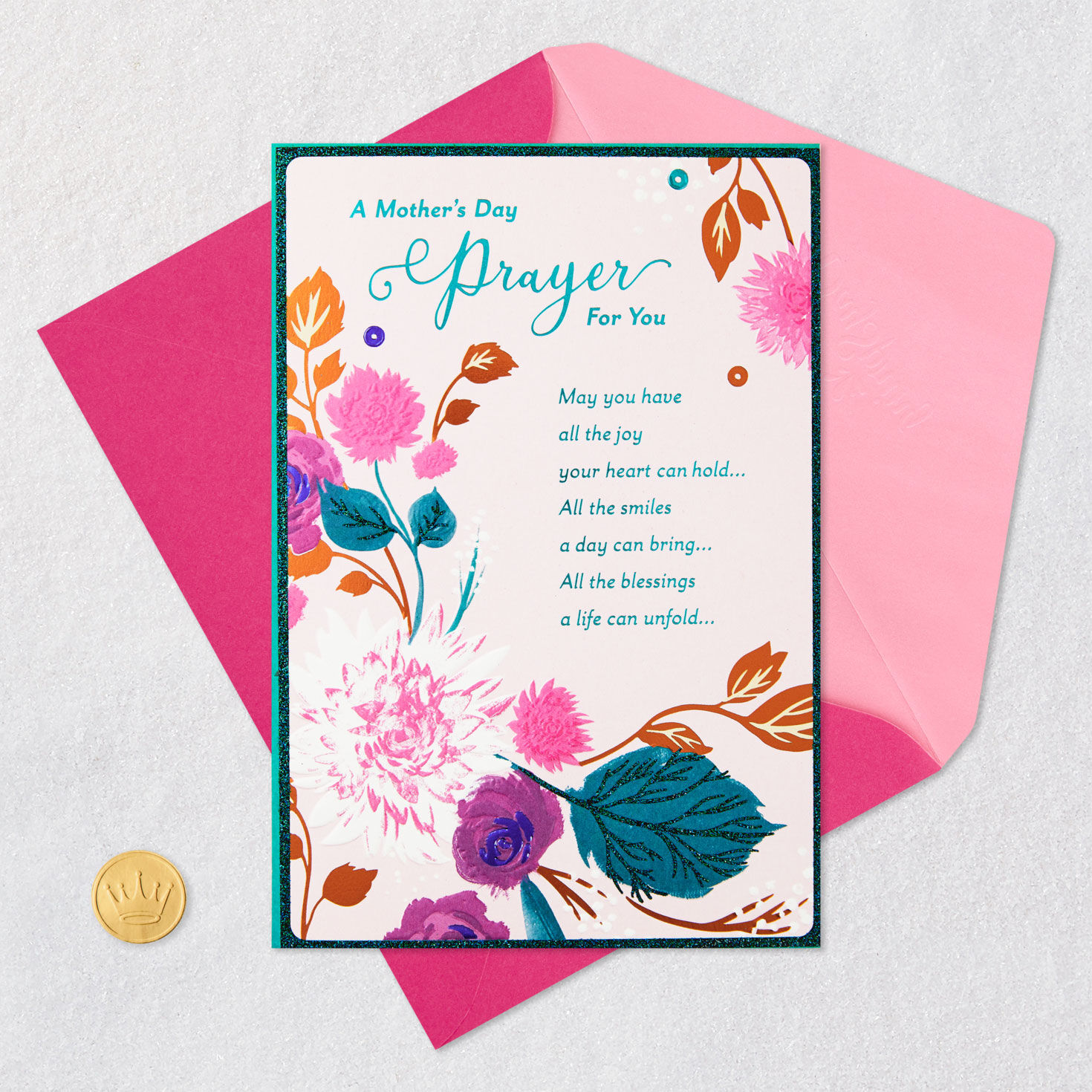 Teal and Pink Flowers Religious Mother's Day Card Card Front with Envelope and Gold Seal image number 5