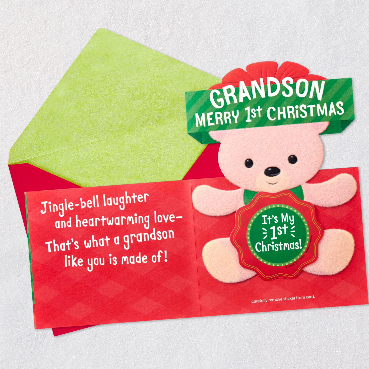 Teddy Bear Baby's First Christmas Card for Grandson Open card with envelope image number 2