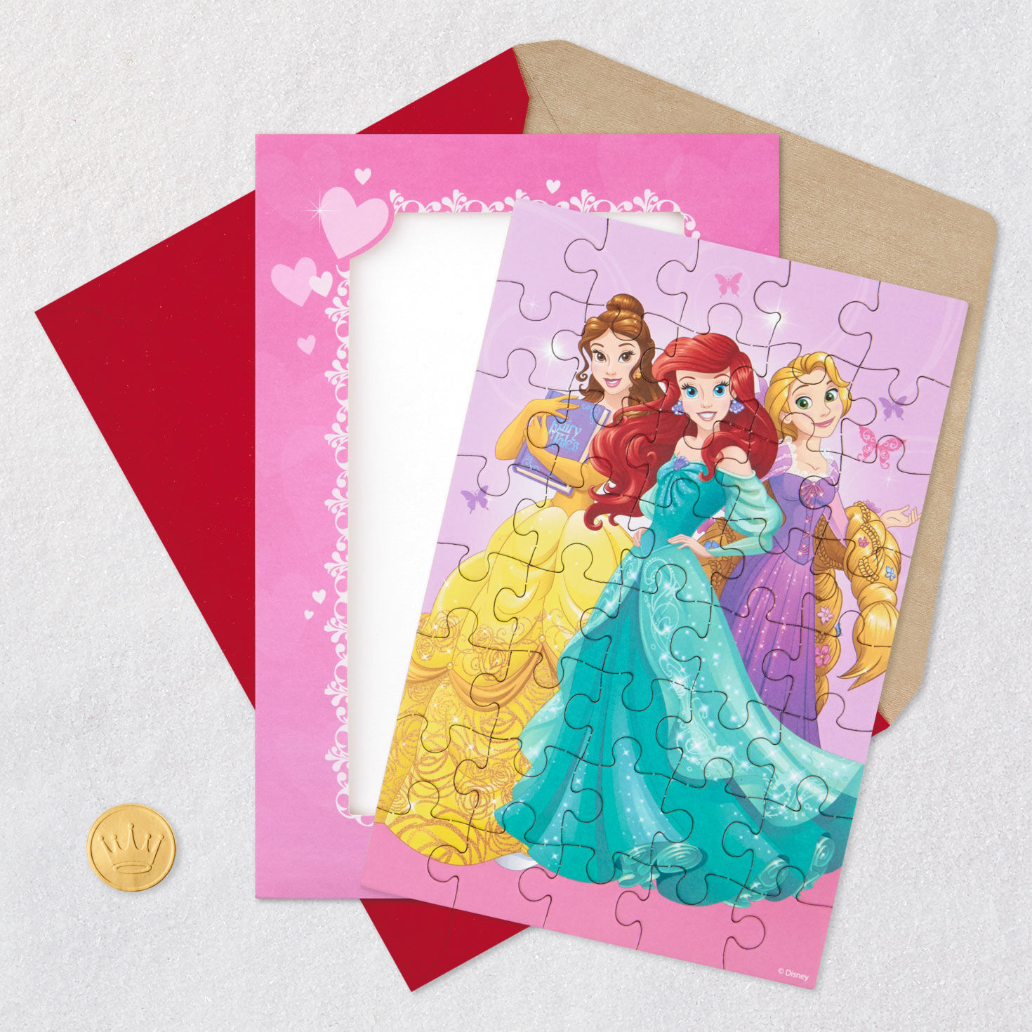 Disney Princess Kids Valentine's Day Card With Puzzle Card Front with Envelope and Gold Seal image number 5