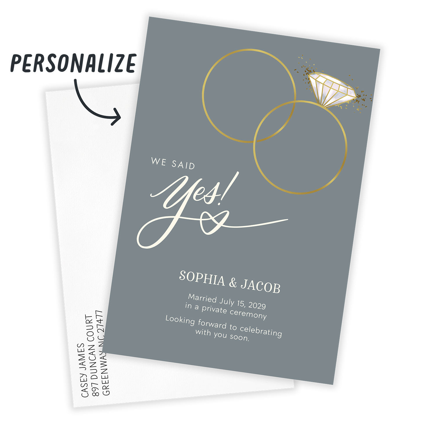 Gold Rings on Gray Personalized Wedding Announcement Card front with Envelope indicating personalization image number 2