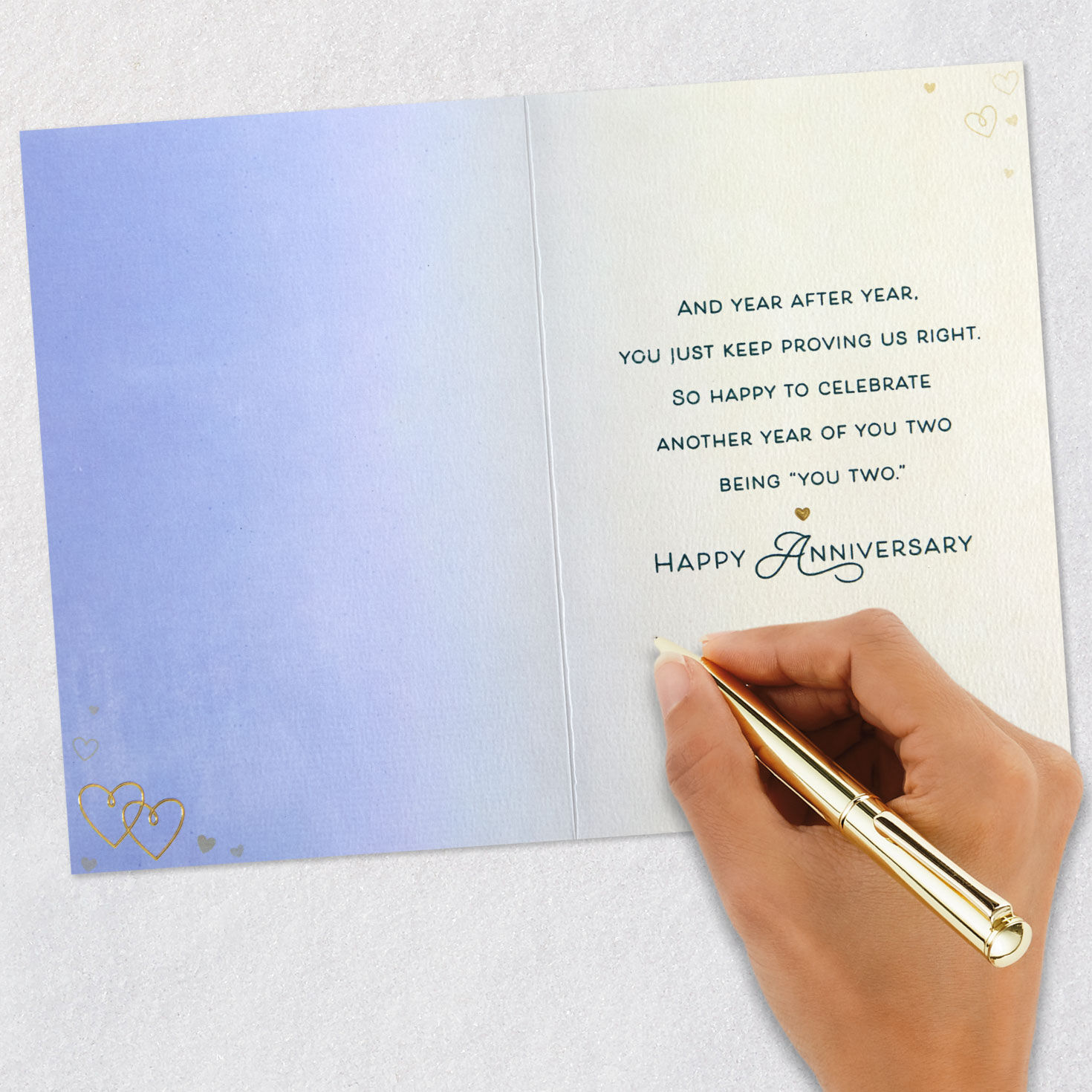 Gold Hands and Hearts on Ombre Blue Anniversary Card for Granddaughter Signing card image number 6