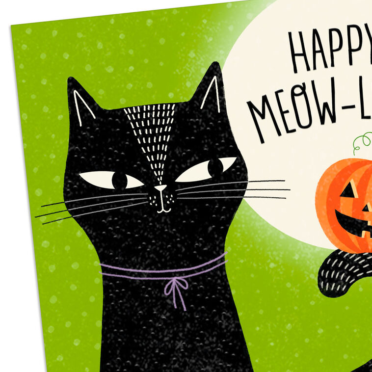 Black Cat and Pumpkin on Green Halloween Card Card Front Detail image number 4
