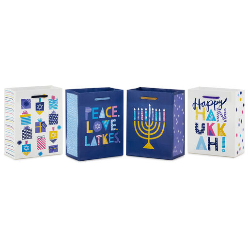 5.7" Blue and White 4-Pack Assorted Small Hanukkah Gift Bags, 
