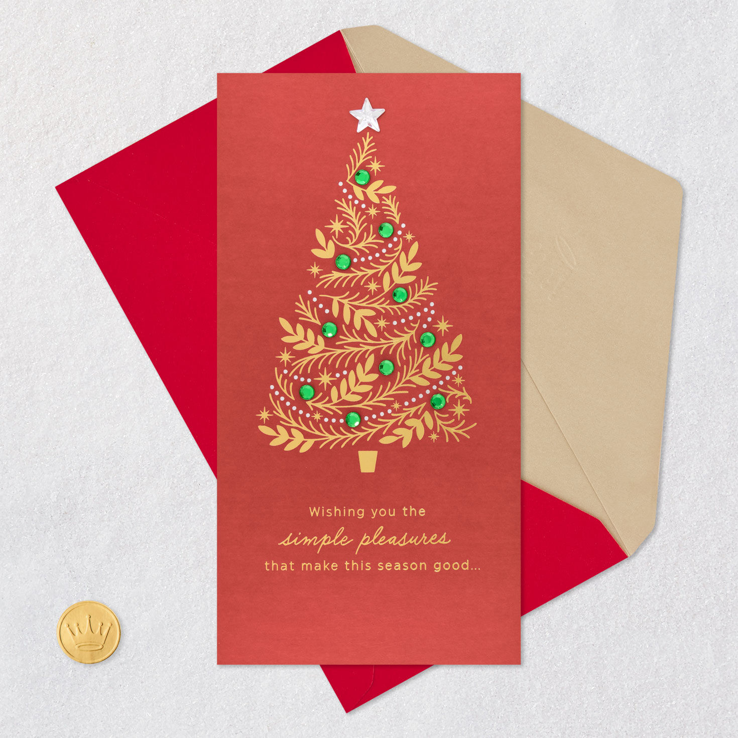 Gold Tree with Green Gems on Red Christmas Gift Card Holder Card Front with Envelope and Gold Seal image number 6
