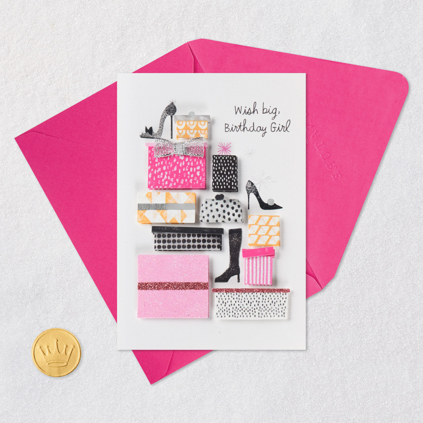 Stacks of Shoes and Gifts Birthday Card for Her Card Front with Envelope and Gold Seal image number 5