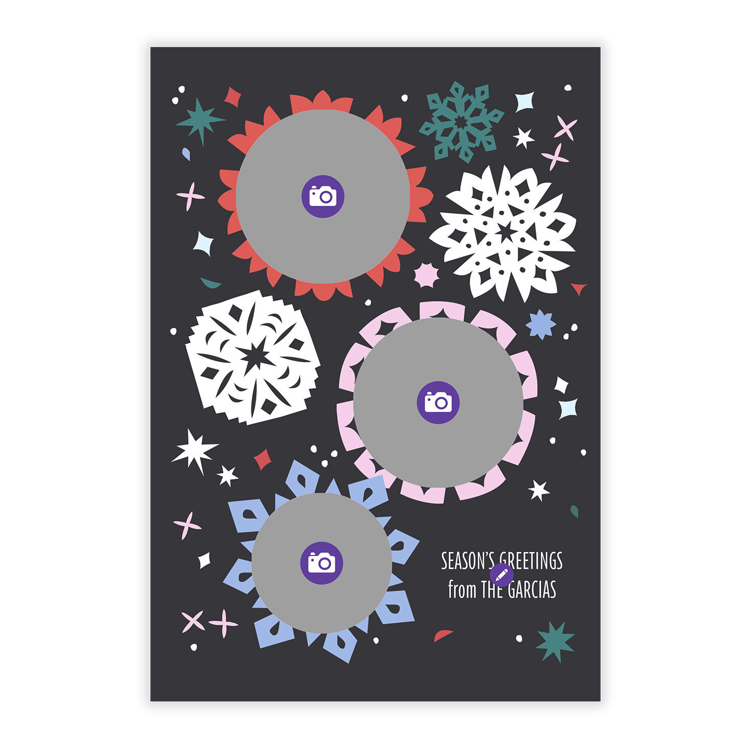 Colored Paper Snowflakes Personalized Photo Card Card Front indicating personalization image number 5