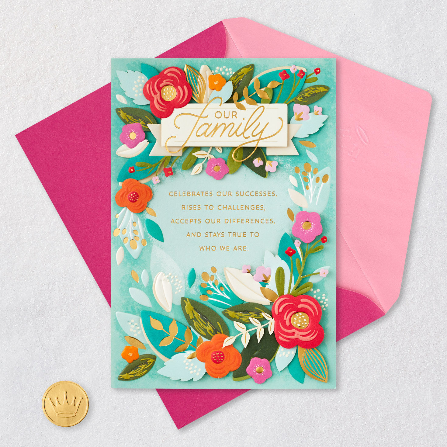Flowers Mom Mother's Day Card From All of Us Card Front with Envelope and Gold Seal image number 5