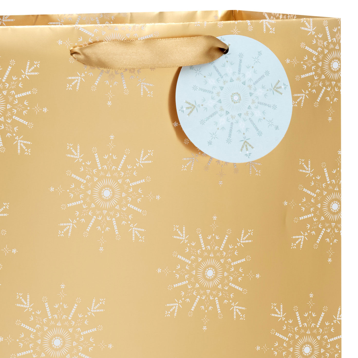 Snowflakes on Gold Metallic Large Holiday Gift Bag Handle Detail image number 4