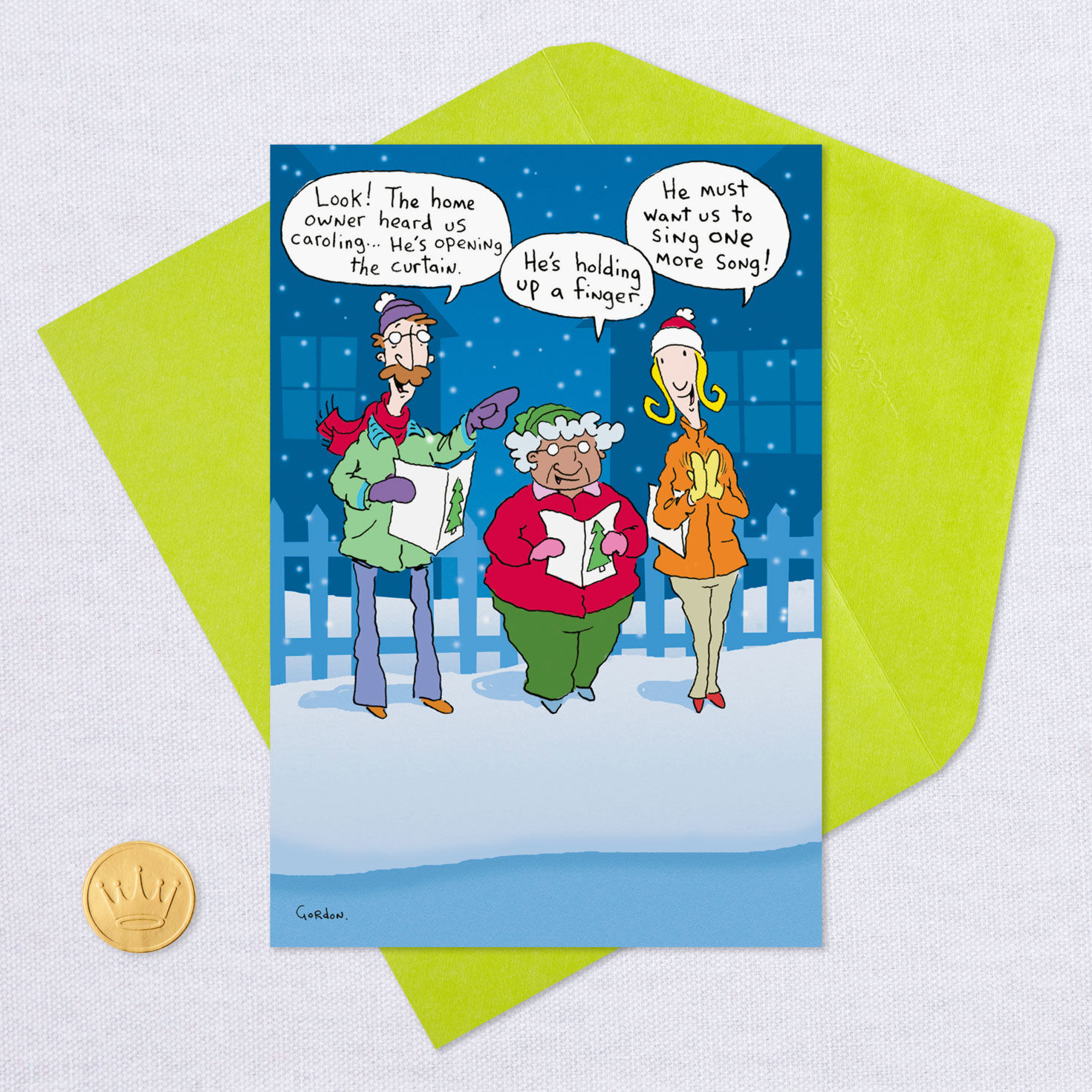Flipping Christmas Spirit Carolers Funny Christmas Card Card Front with Envelope and Gold Seal image number 5