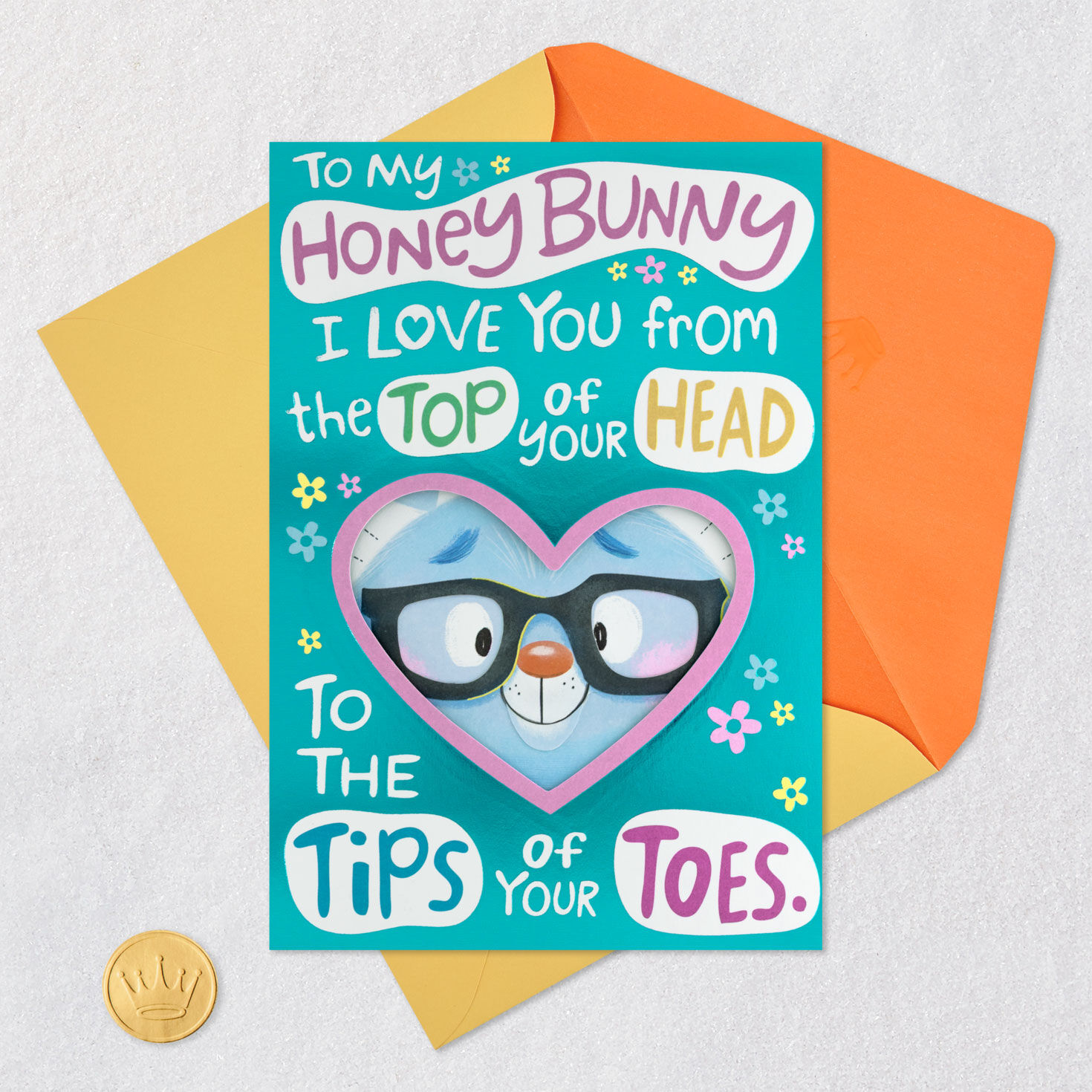 Bunny with Glasses and Flowers Romantic Easter Card Card Front with Envelope and Gold Seal image number 6