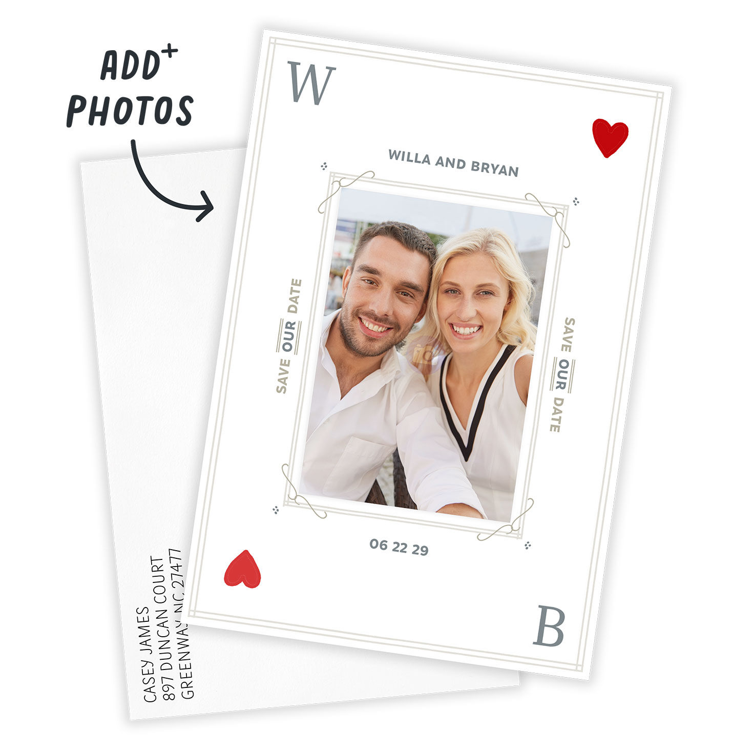 Hearts Playing Card Personalized Save the Date Card Card front with Envelope indicating personalization image number 2