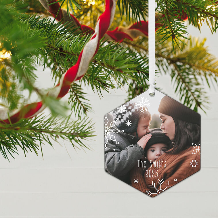 Snowflakes Personalized Hexagon Christmas Ornament hanging on tree image number 2