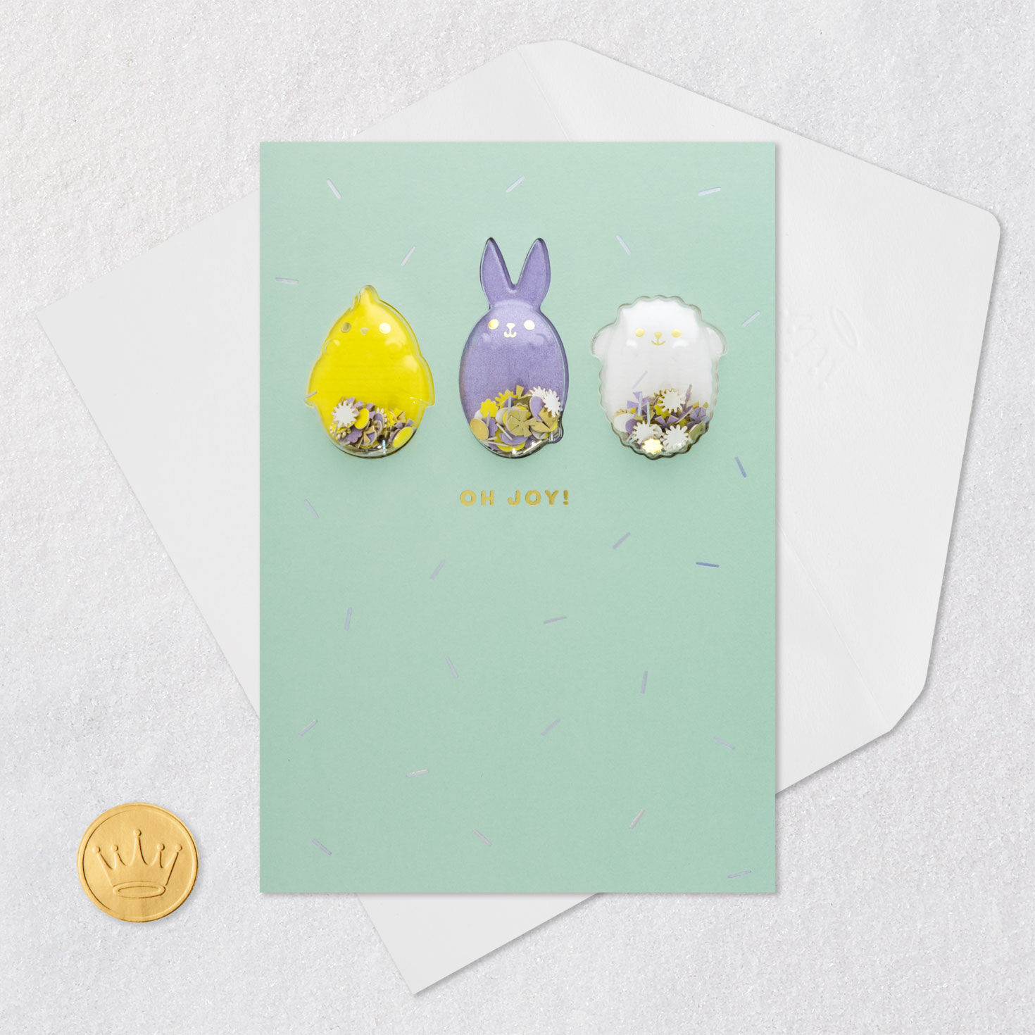 Chicken, Bunny, Lamb with Confetti Green Easter Card Card Front with Envelope and Gold Seal image number 5