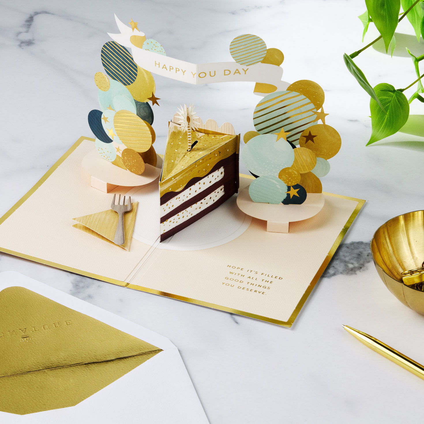 Gold Chocolate Cake Pop-Up Birthday Card Open card with envelope and gold pen image number 7