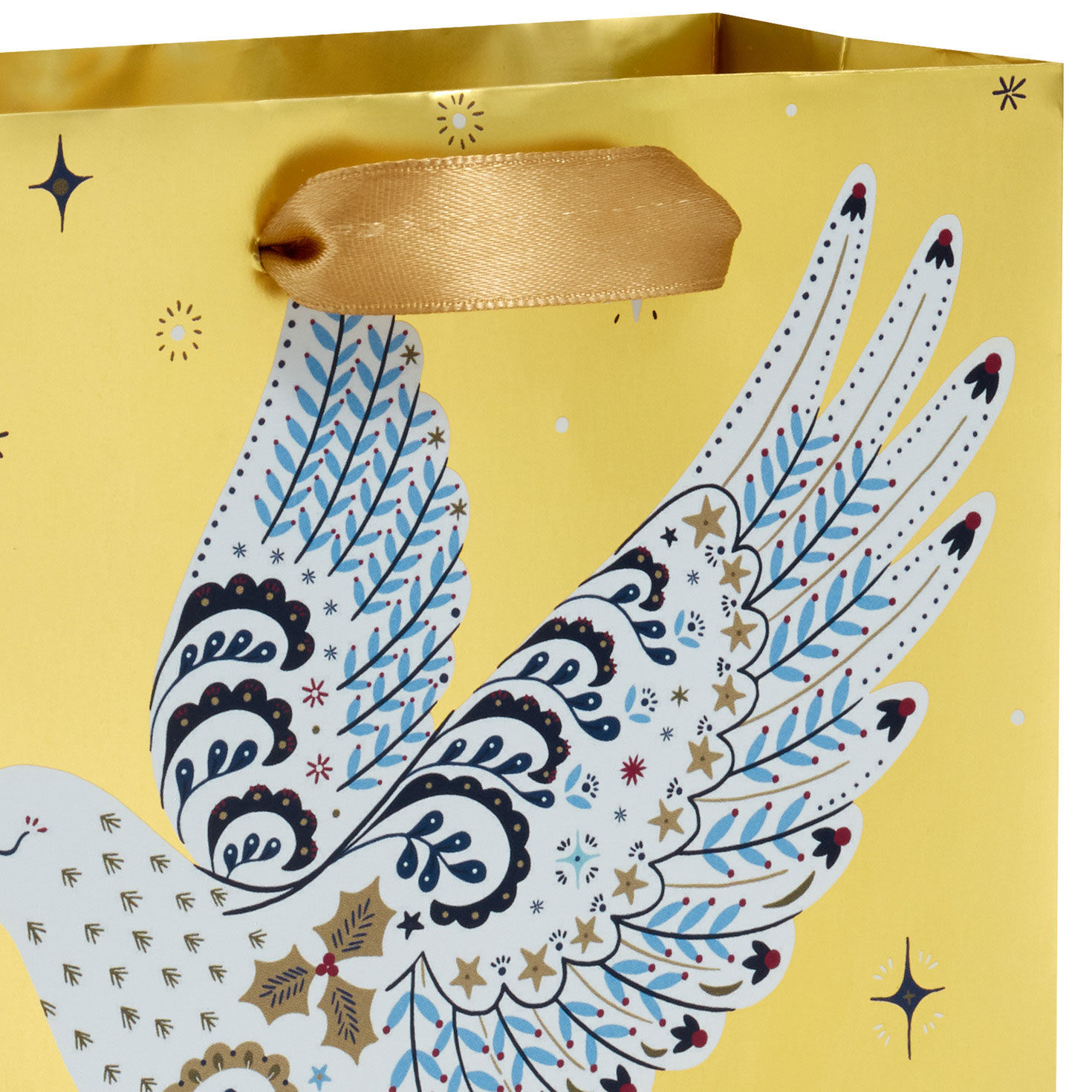Floral Dove on Gold Small Holiday Gift Bag Handle Detail image number 4
