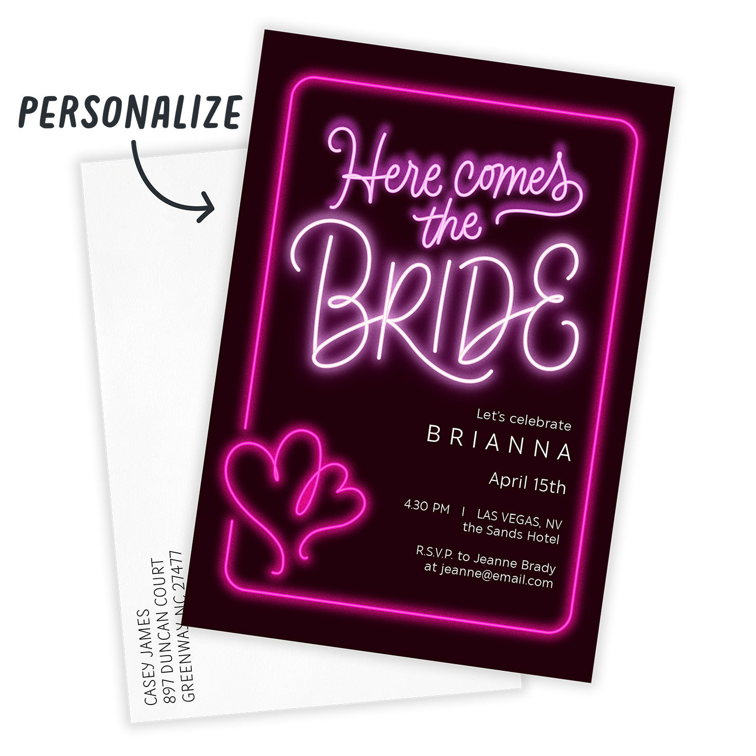 Neon Sign Personalized Bachelorette Party Invitation Card front with Envelope indicating personalization image number 2