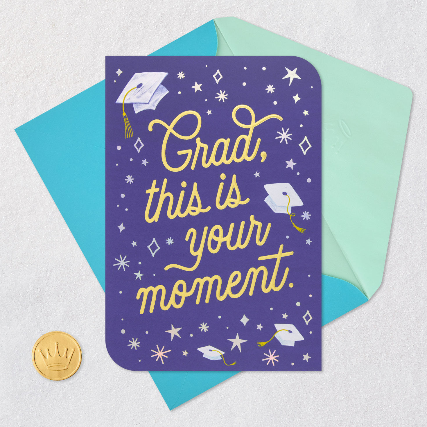 Mortarboard Caps and Stars Graduation Card Card Front with Envelope and Gold Seal image number 5