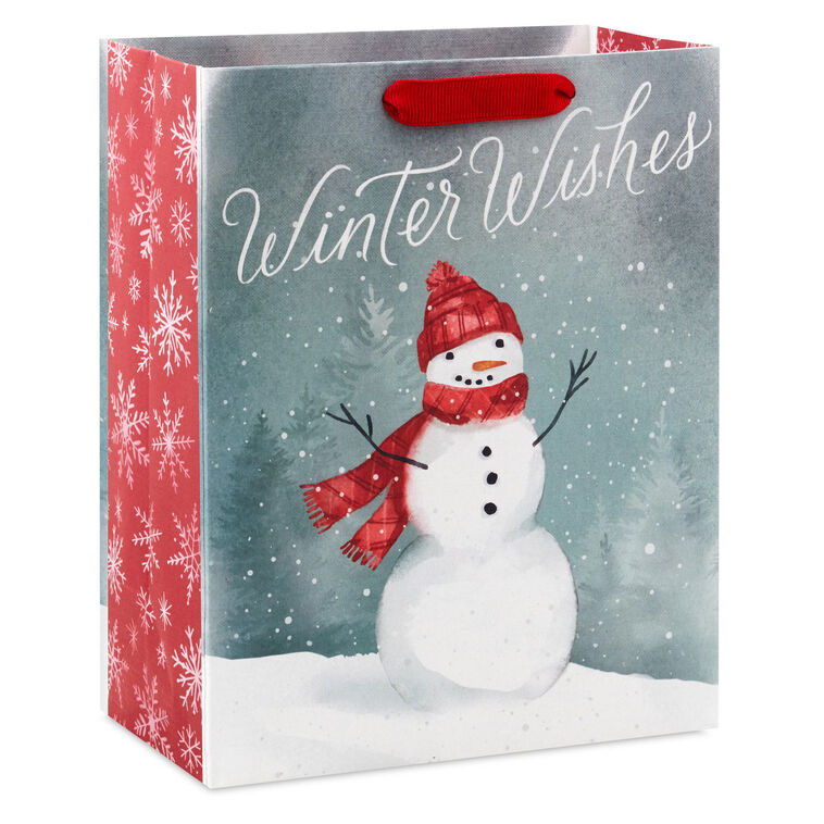 9.6" Winter Wishes Snowman on Gray Medium Holiday Gift Bag