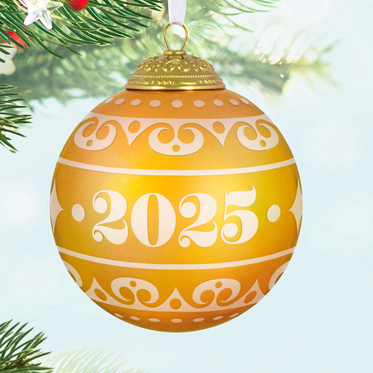 2025 Yellow Glass Ball Keepsake Ornament Hanging on tree image number 2