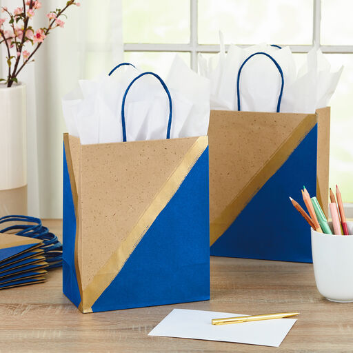 9.6" Blue and Kraft Paper 8-Pack Gift Bags, 