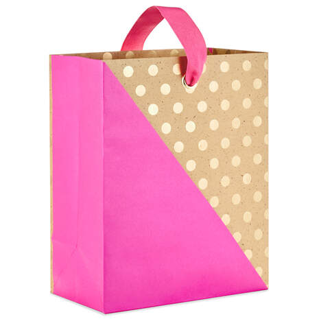 Fuchsia and Gold Mini Dots on Kraft Medium Gift Bag, 9.6", , large