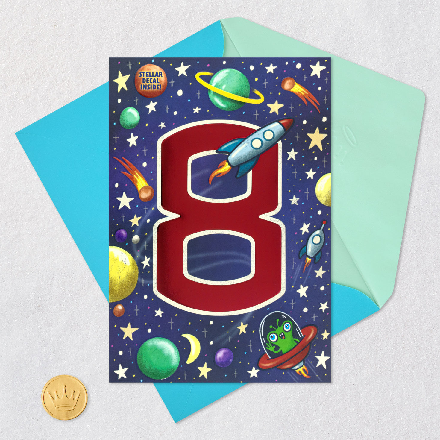 Outer Space 8th Birthday Card With Alien Decal Card Front with Envelope and Gold Seal image number 7