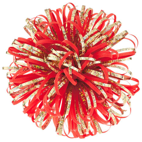 Coral and Gold Metallic Looped Pom Pom Gift Bow, 5", , large