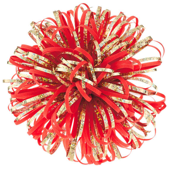 Coral and Gold Metallic Looped Pom Pom Gift Bow, 5", , large image number 1