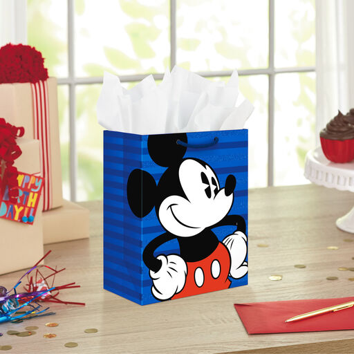 9.6" Disney Mickey Mouse on Blue Stripes Gift Bag, 