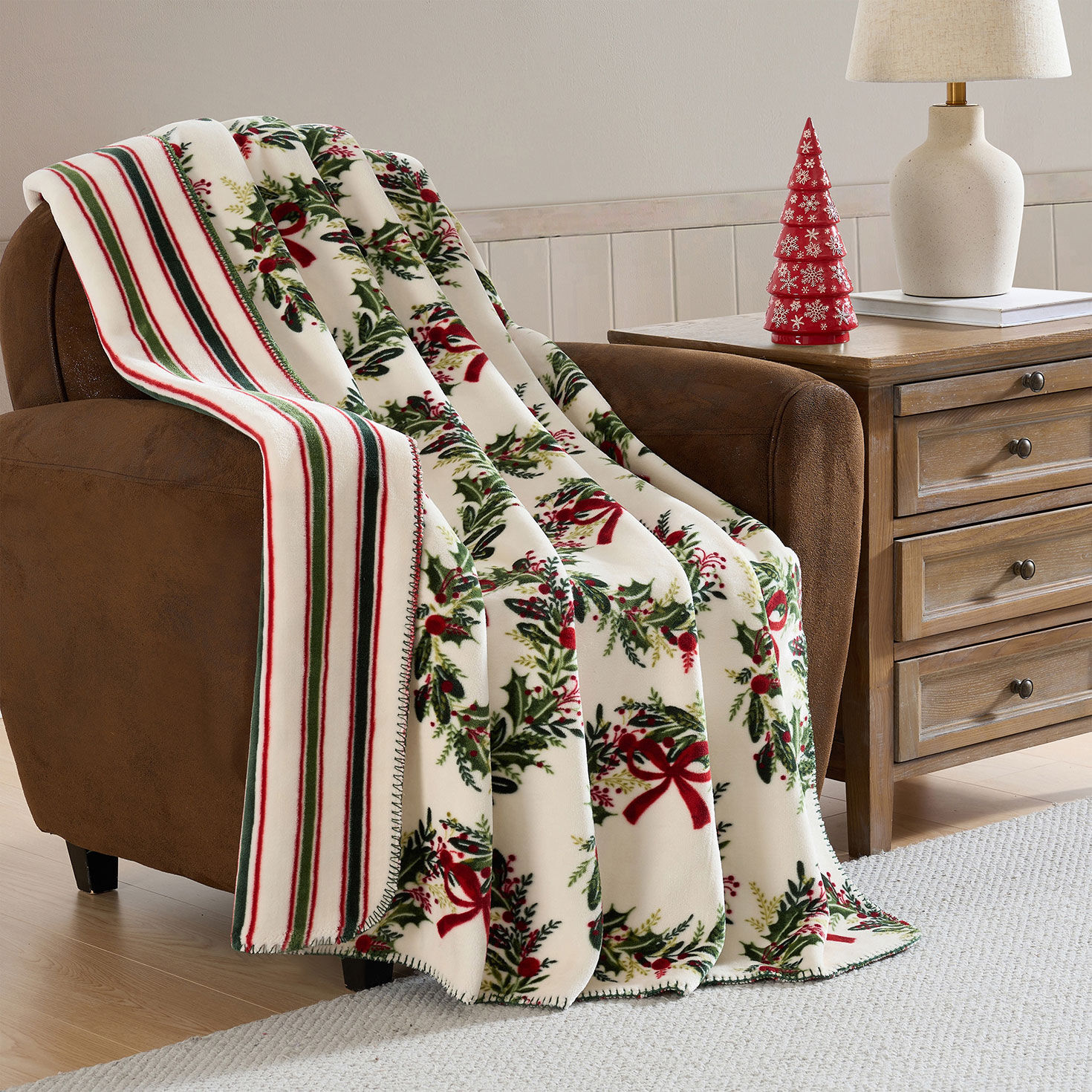Hallmark Holiday Wreath Reversible Plush Throw - 50x70 in use image number 5