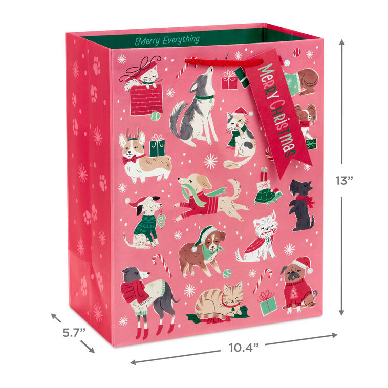 Retro Dogs and Cats on Pink Large Christmas Gift Bag measurement image number 3